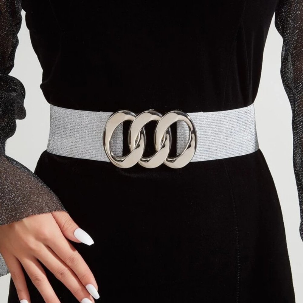 Women's Silver Shimmering Elastic Waist Band Silver Buckle Belt